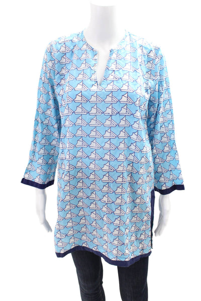 Roberta Roller Rabbit Womens Cotton Long Sleeve V-neck Top Blue Size M