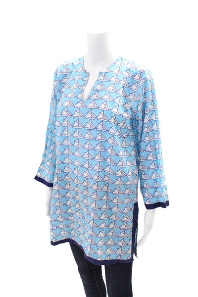 Roberta Roller Rabbit Womens Cotton Long Sleeve V-neck Top Blue Size M