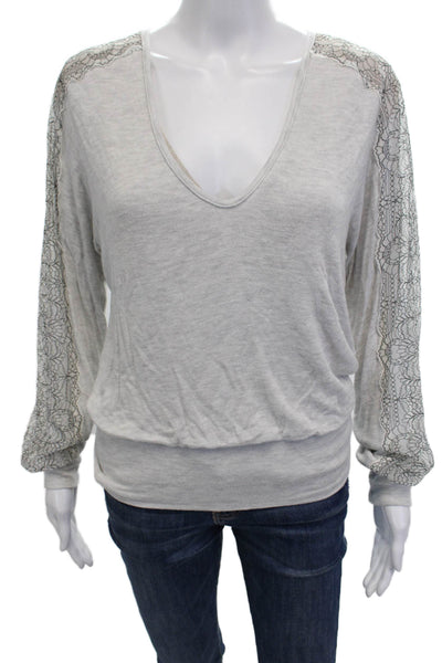Bailey 44 Womens Long Sleeve V Neck Lace Trim Knit Shirt Gray Size Large