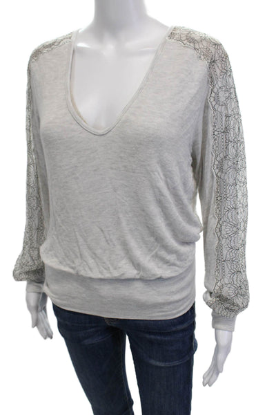 Bailey 44 Womens Long Sleeve V Neck Lace Trim Knit Shirt Gray Size Large