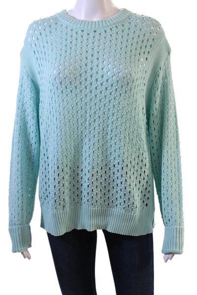 Elliott Lauren Womens Cotton Open Stitched Long Sleeve Sweater Aqua Blue Size L