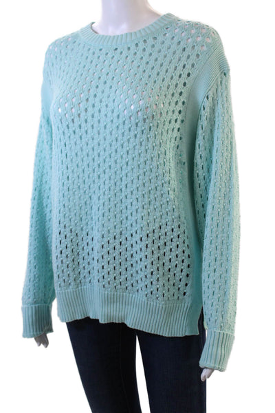 Elliott Lauren Womens Cotton Open Stitched Long Sleeve Sweater Aqua Blue Size L
