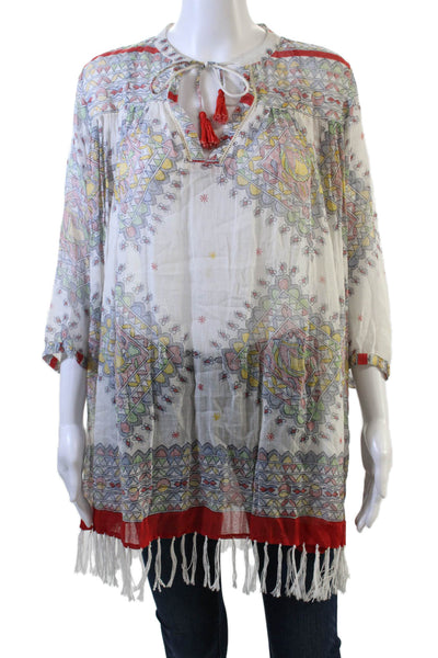 Roller Rabbit Womens 3/4 Sleeve Keyhole Abstract Blouse White Multi Size XS