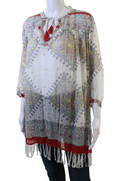 Roller Rabbit Womens 3/4 Sleeve Keyhole Abstract Blouse White Multi Size XS