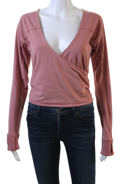 FP Movement Womens Long Sleeve V Neck Ruched Cropped Shirt Pink Medium