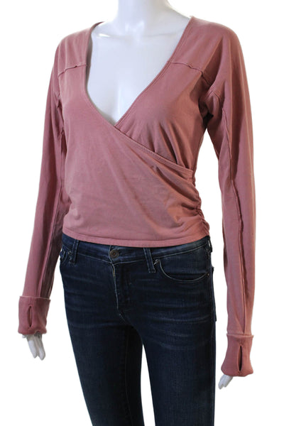 FP Movement Womens Long Sleeve V Neck Ruched Cropped Shirt Pink Medium