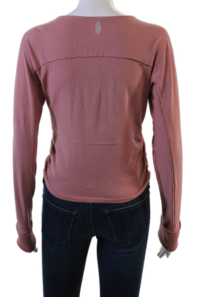 FP Movement Womens Long Sleeve V Neck Ruched Cropped Shirt Pink Medium