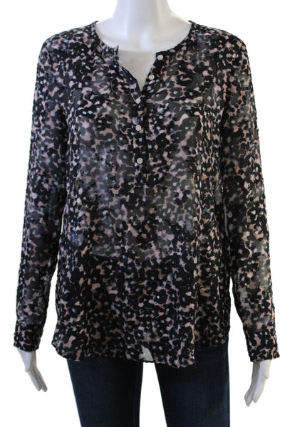 Rebecca Taylor Womens Button Front Crew Neck Floral Silk Blouse Navy Pink Size 8