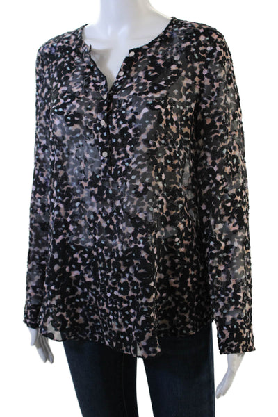 Rebecca Taylor Womens Button Front Crew Neck Floral Silk Blouse Navy Pink Size 8