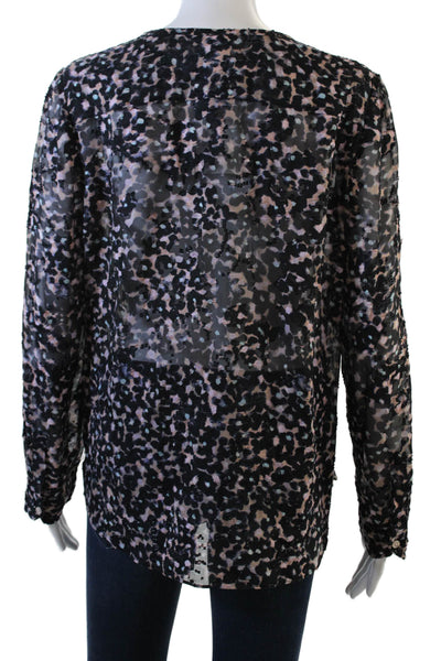 Rebecca Taylor Womens Button Front Crew Neck Floral Silk Blouse Navy Pink Size 8