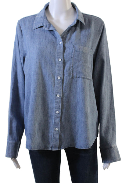 Side Stitch Womens Button Front Long Sleeve Collared Pocket Shirt Blue Small
