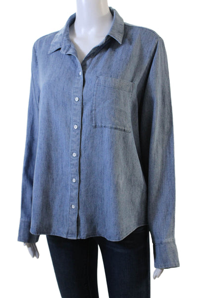 Side Stitch Womens Button Front Long Sleeve Collared Pocket Shirt Blue Small