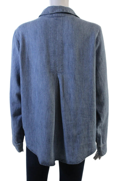 Side Stitch Womens Button Front Long Sleeve Collared Pocket Shirt Blue Small