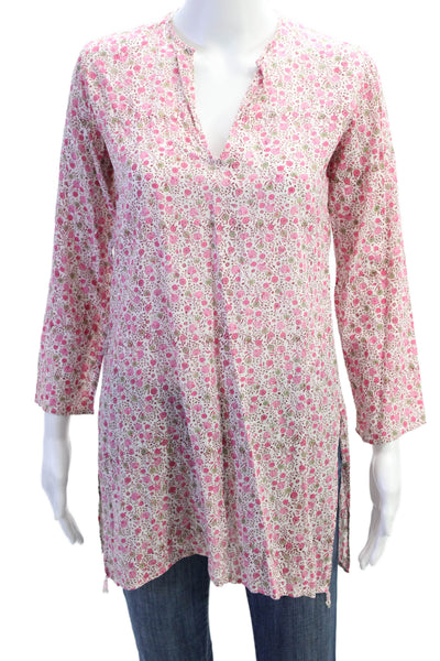 Roberta Freymann Womens Cotton V-neck Long Sleeve Floral Top Pink Size 12