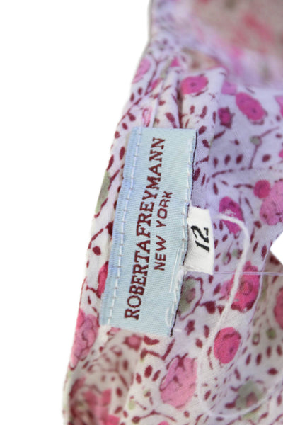 Roberta Freymann Womens Cotton V-neck Long Sleeve Floral Top Pink Size 12