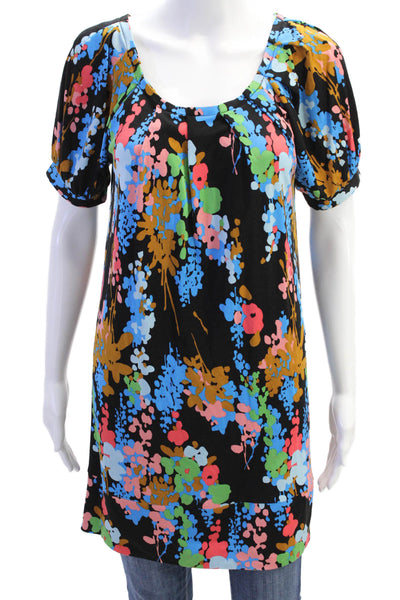 Tibi Womens Short Sleeve Round Neck Floral Tunic Top Black Size S