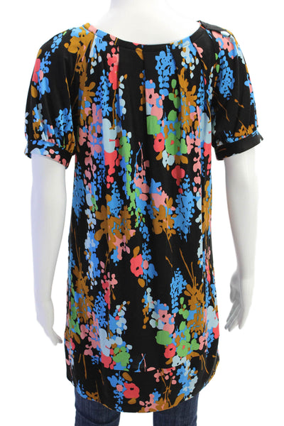 Tibi Womens Short Sleeve Round Neck Floral Tunic Top Black Size S