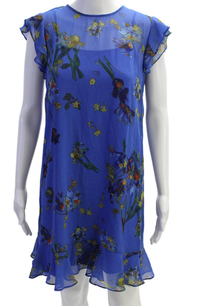 CeCe Womens Floral Ruffle Crew Neck Lined A-Line Dress Blue Size XS