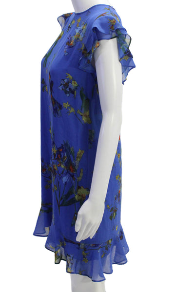 CeCe Womens Floral Ruffle Crew Neck Lined A-Line Dress Blue Size XS