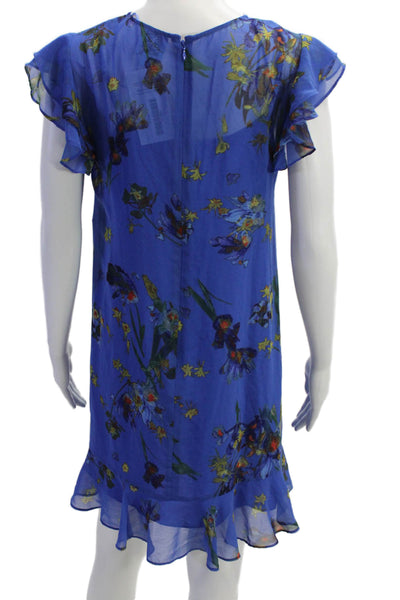CeCe Womens Floral Ruffle Crew Neck Lined A-Line Dress Blue Size XS