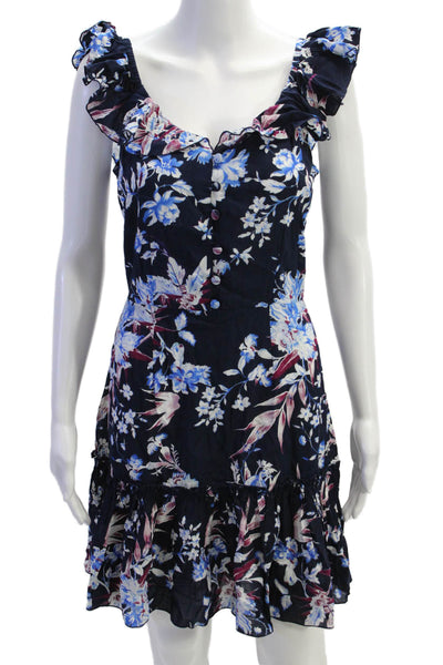 Walker & Wade Womens Floral Ruffle Neck Sleeveless Shift Dress Blue Size S
