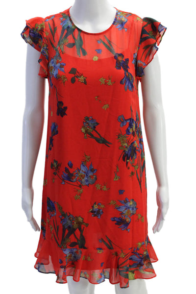 CeCe Womens Floral Ruffle Crew Neck Lined A-Line Dress Red Size XS