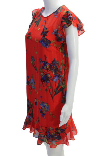 CeCe Womens Floral Ruffle Crew Neck Lined A-Line Dress Red Size XS