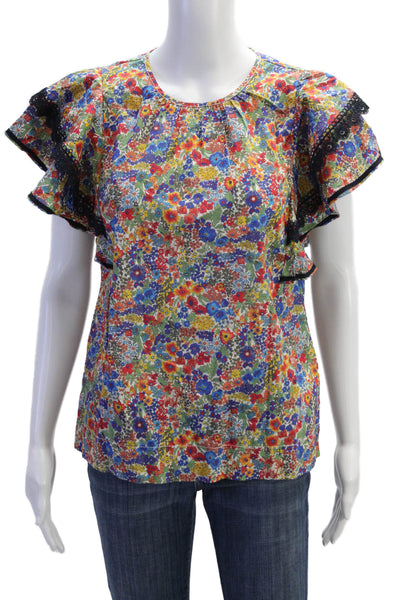J Crew Womens Cotton Floral Scoop Neck Cap Sleeve Blouse Top Multicolor Size XS