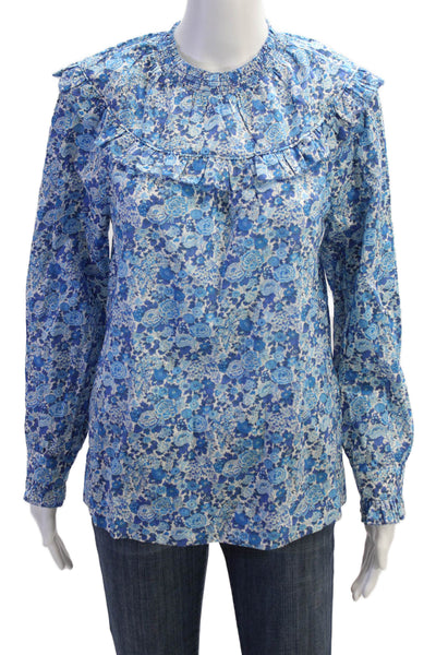 J Crew Womens Cotton Floral Crew Neck Long Sleeve Blouse Top Blue Size XS