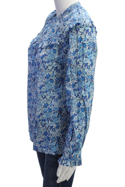 J Crew Womens Cotton Floral Crew Neck Long Sleeve Blouse Top Blue Size XS
