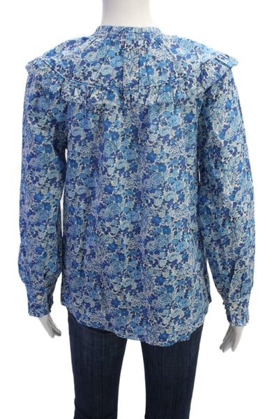 J Crew Womens Cotton Floral Crew Neck Long Sleeve Blouse Top Blue Size XS