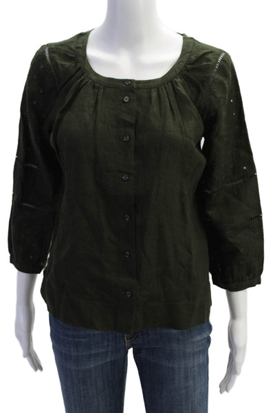 J Crew Womens Cotton Eyelet Scoop Neck Long Sleeve Blouse Top Green Size PS