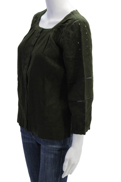 J Crew Womens Cotton Eyelet Scoop Neck Long Sleeve Blouse Top Green Size PS