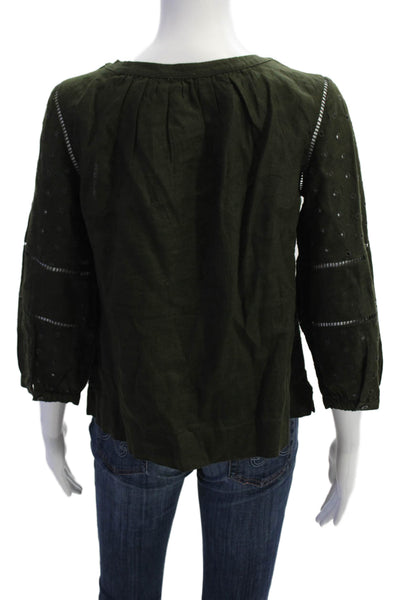 J Crew Womens Cotton Eyelet Scoop Neck Long Sleeve Blouse Top Green Size PS