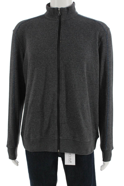Robert Graham Mens Front Zip Mock Neck Striped Sweater Gray Cotton Size Large