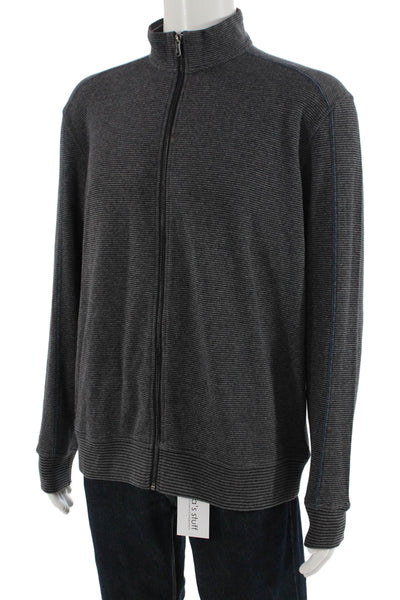 Robert Graham Mens Front Zip Mock Neck Striped Sweater Gray Cotton Size Large
