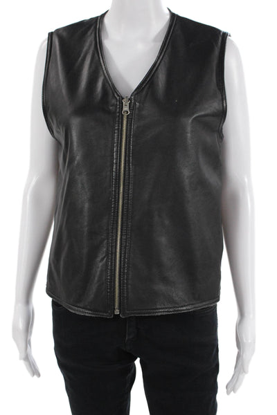 Designer Womens Front Zip Reversible Leather Wool Vest Jacket Black Gray Small