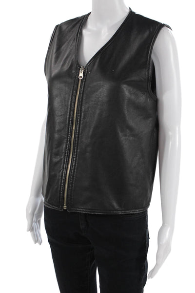 Designer Womens Front Zip Reversible Leather Wool Vest Jacket Black Gray Small