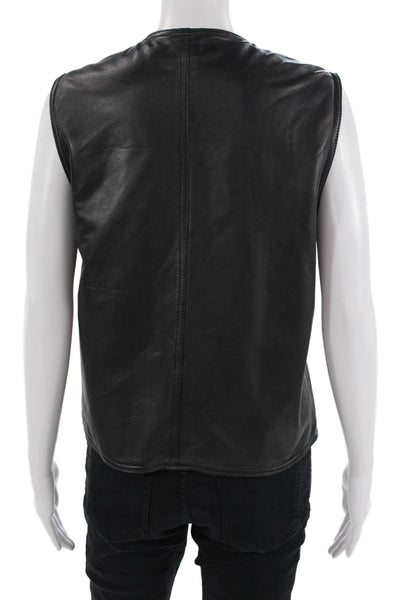 Designer Womens Front Zip Reversible Leather Wool Vest Jacket Black Gray Small