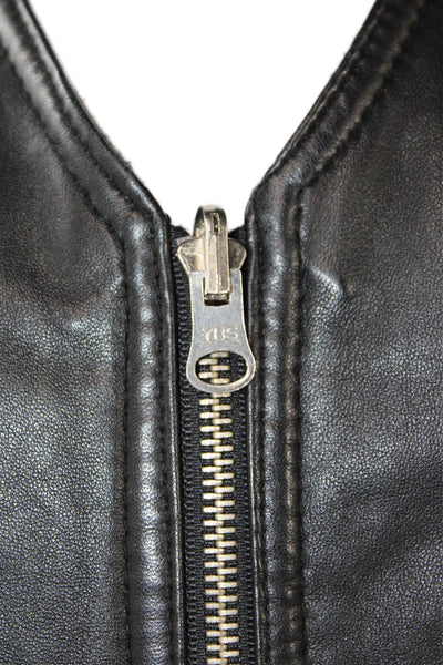 Designer Womens Front Zip Reversible Leather Wool Vest Jacket Black Gray Small