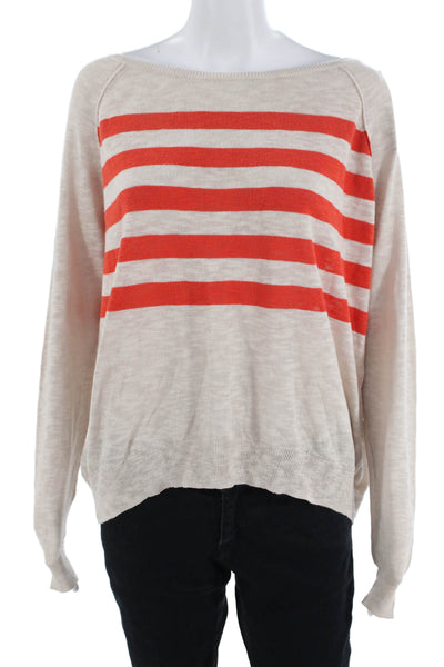 Lilla P Womens Long Sleeve Scoop Neck Striped Oversized Sweater White Red XS