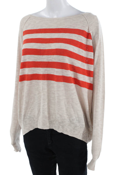 Lilla P Womens Long Sleeve Scoop Neck Striped Oversized Sweater White Red XS