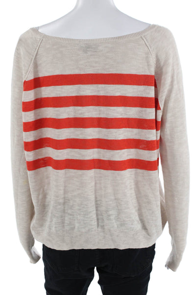 Lilla P Womens Long Sleeve Scoop Neck Striped Oversized Sweater White Red XS