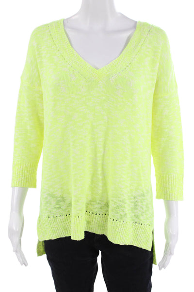 Lilla P Womens 3/4 Sleeve V Neck Side Slit Sweater Yellow White Cotton Size XS