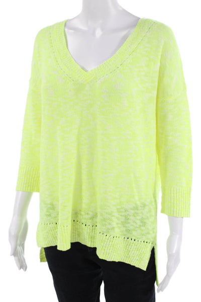 Lilla P Womens 3/4 Sleeve V Neck Side Slit Sweater Yellow White Cotton Size XS