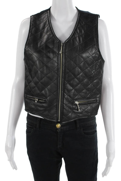 Hiscorp Womens Front Zip Quilted Leather Knit Vest Jacket Black Size Small