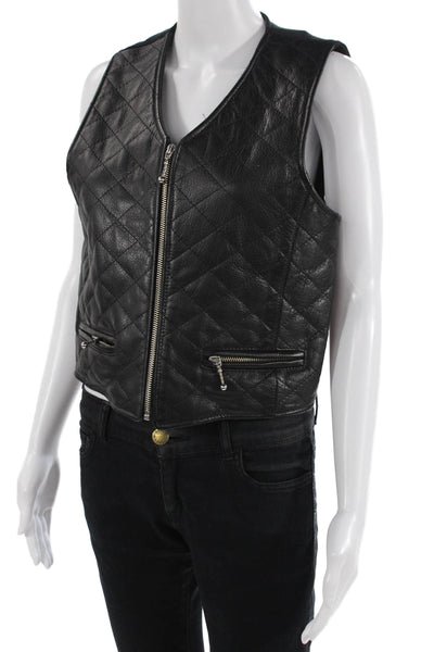 Hiscorp Womens Front Zip Quilted Leather Knit Vest Jacket Black Size Small