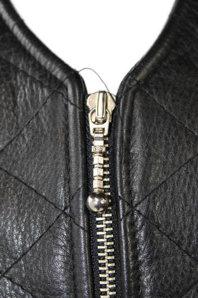 Hiscorp Womens Front Zip Quilted Leather Knit Vest Jacket Black Size Small