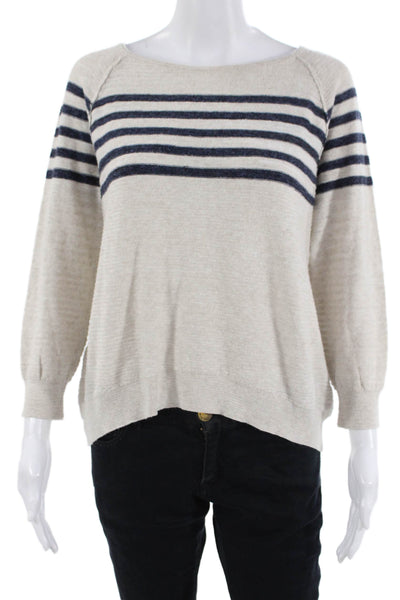 Lilla P Womens 3/4 Sleeve Scoop Neck Striped Knit Top White Navy Cotton Small