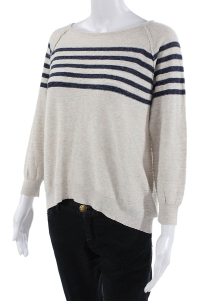 Lilla P Womens 3/4 Sleeve Scoop Neck Striped Knit Top White Navy Cotton Small